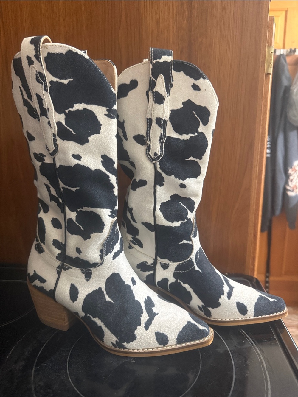 Cow Print Western Mid-Calf Boots - Black and White